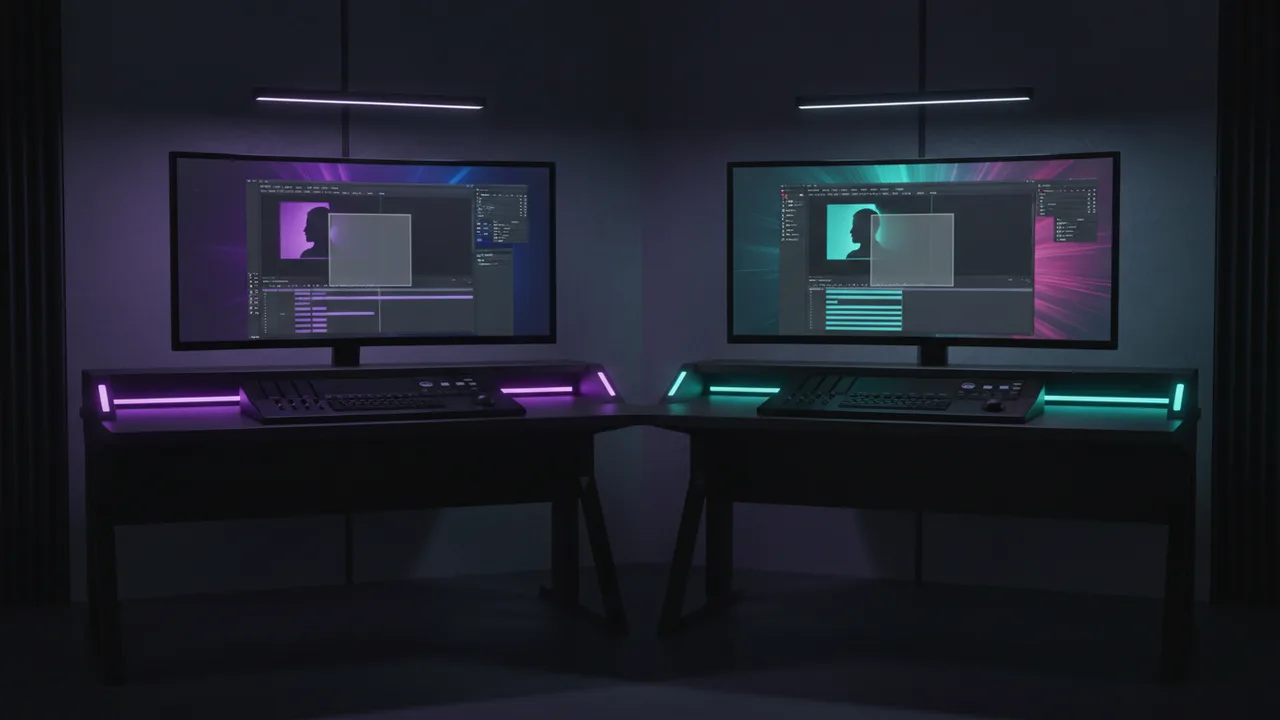 Two dark editing desks representing After Effects and Premiere Pro
