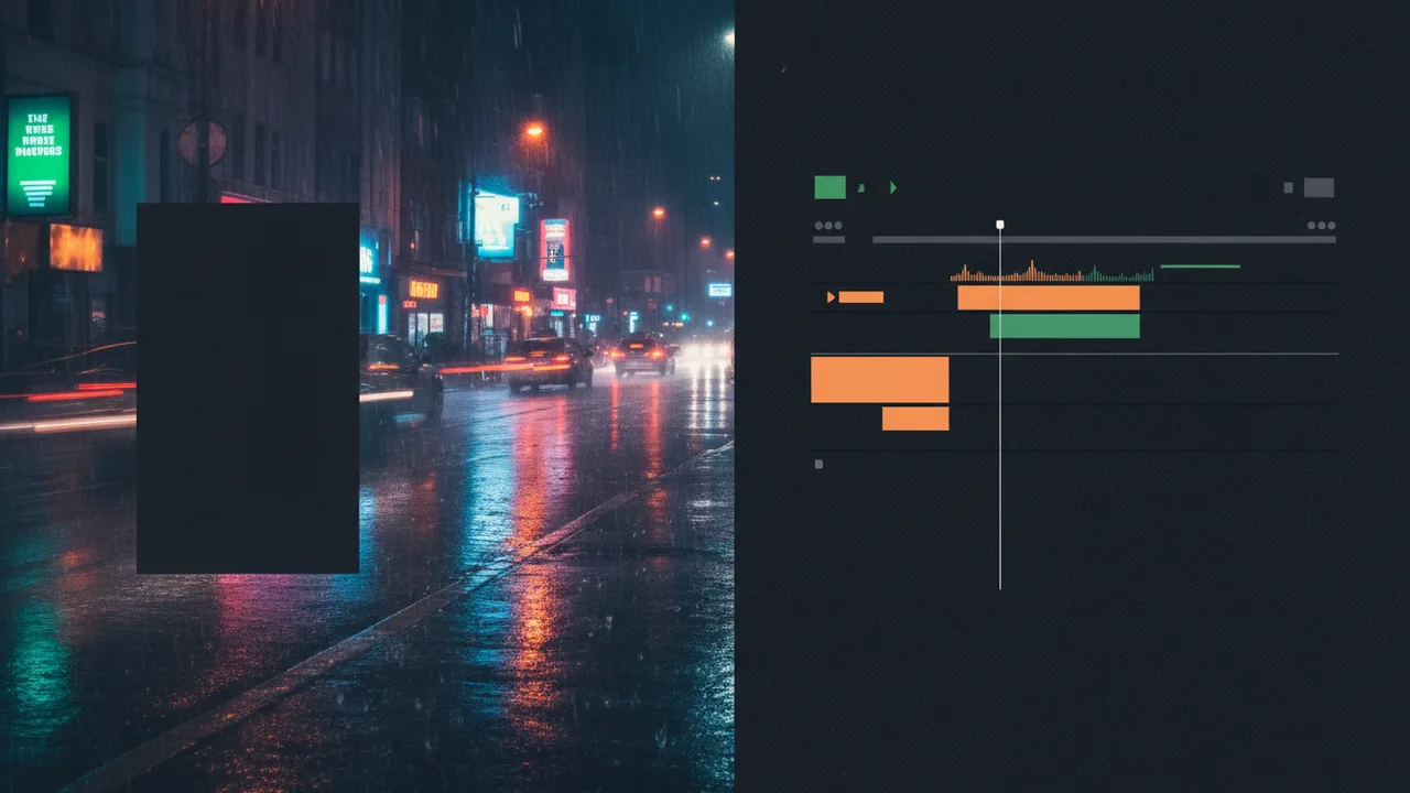 Cinematic neon street B-roll plate next to an editing timeline silhouette
