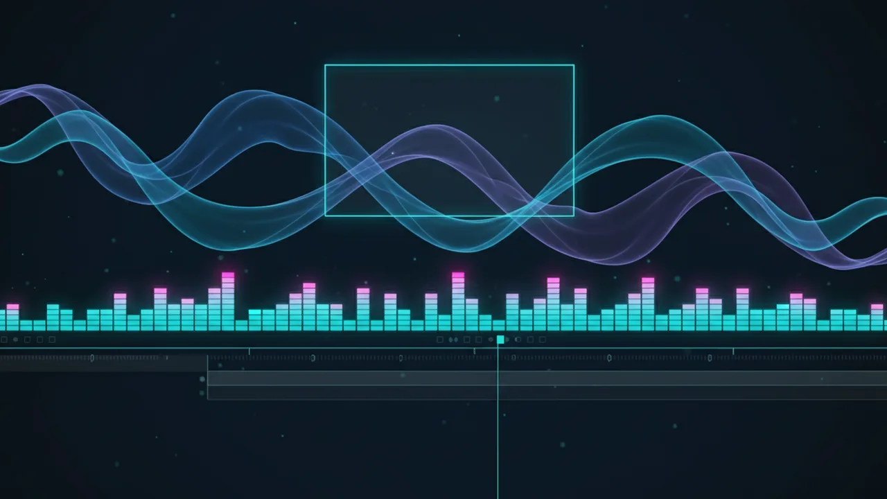 Abstract soundwave ribbons over a dark Premiere-style timeline