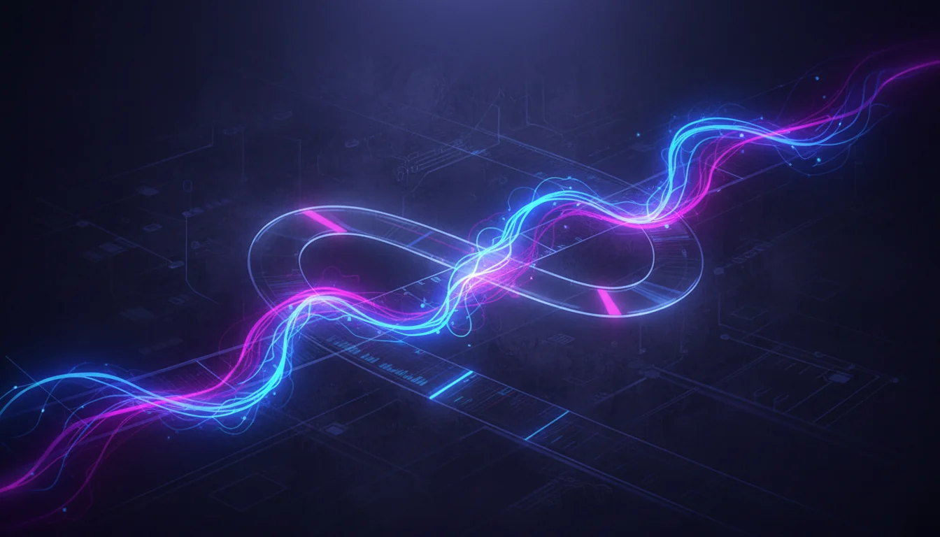 Abstract Premiere-style timeline with soft AI light ribbons