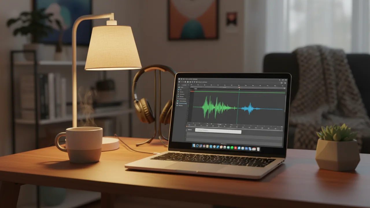 Laptop on a desk generating a narration waveform without a microphone