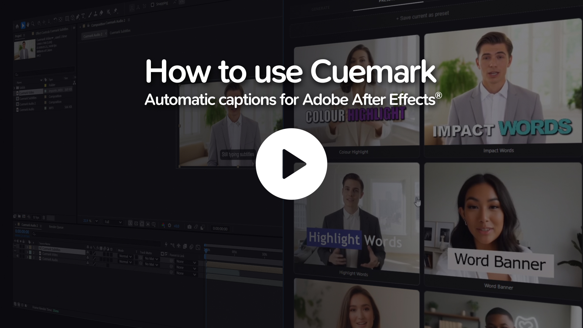Cuemark how-to video - create AI subtitles in After Effects