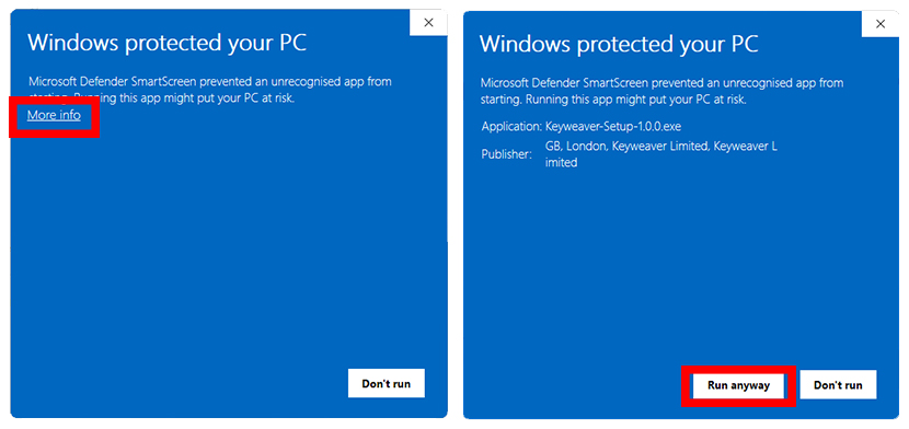 Windows SmartScreen for Keyweaver Setup: click More info, then Run anyway. Publisher should show Keyweaver Limited.